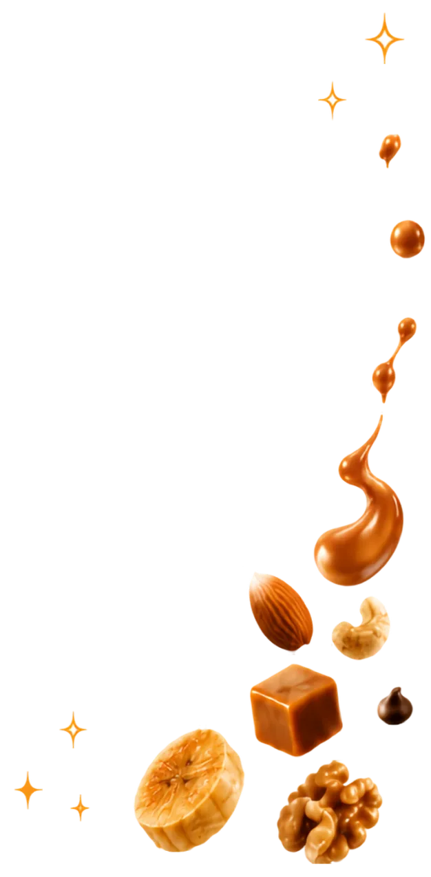 スプーンから流れるキャラメルとナッツ